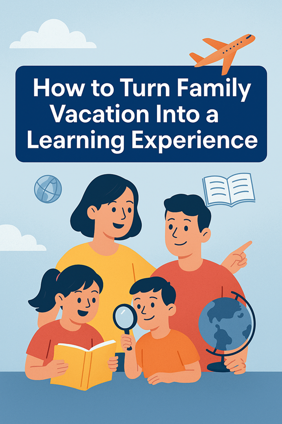 A cheerful family engaged in educational activities during a vacation, surrounded by travel and learning icons with the text "How to Turn Family Vacation Into a Learning Experience.